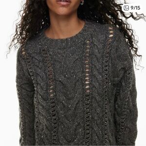 Aritzia Wilfred Size XS Bronco Dark Grey Cable Knit Wool Crewneck Sweater EUC